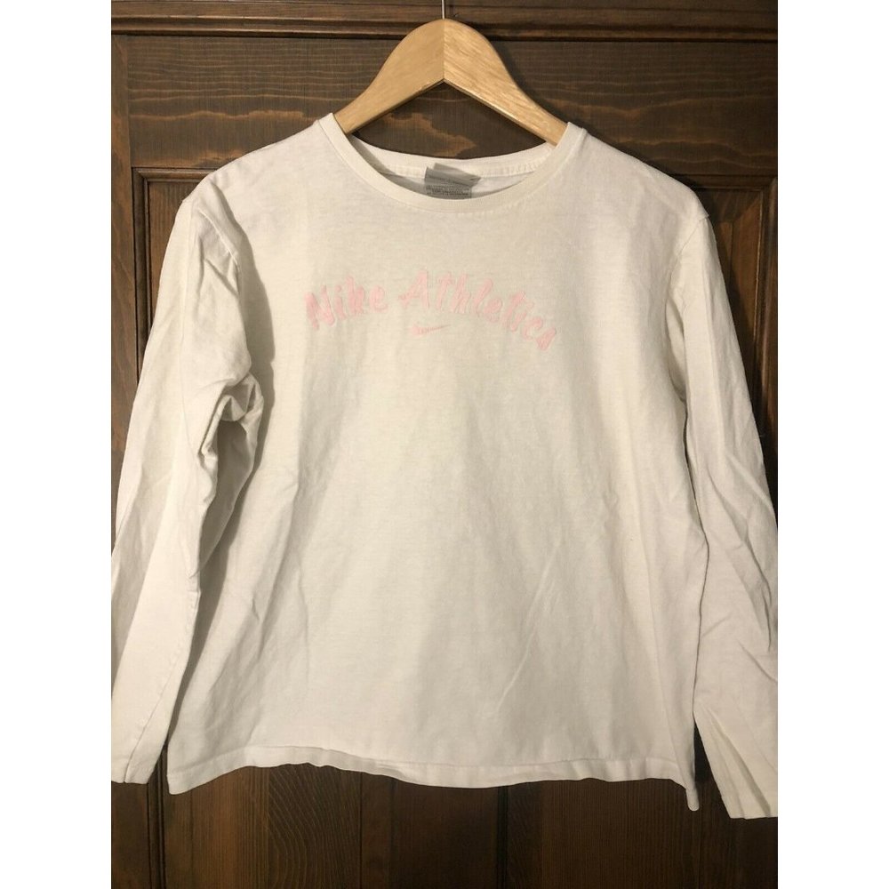 VINTAGE Nike Shirt Women Medium White Pink Swoosh Long Sleeve Ladies 90s*